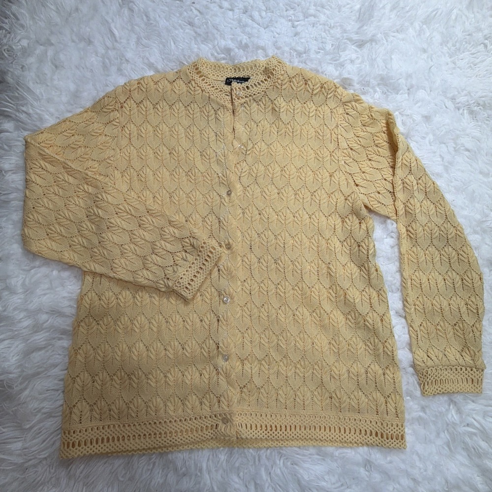 Vintage 1960's Japanese Knit Cardigan Sweater Camaro Yellow Detailed Knit Sz 44